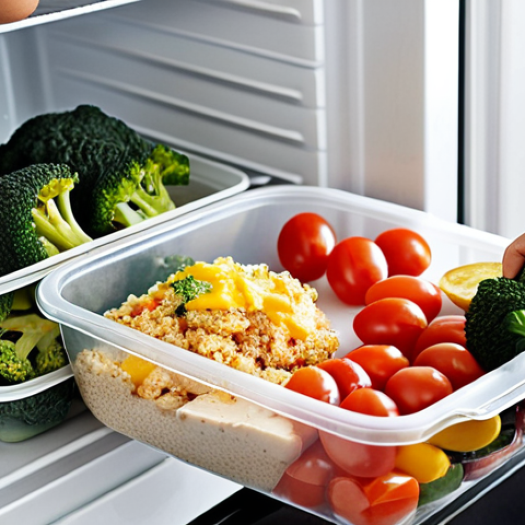 **

A colorful meal prep scene. Several containers filled with grilled chicken breast, steamed broccoli, and quinoa are neatly stacked in a refrigerator. In the foreground, a person is packing a container with sliced bell peppers, cherry tomatoes, and hard-boiled eggs, showcasing healthy snacks. Natural lighting, focus on fresh ingredients.

**