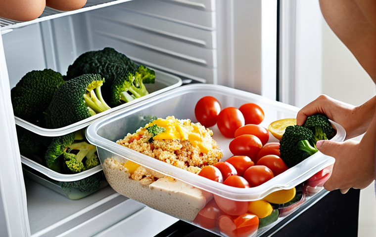 **

A colorful meal prep scene. Several containers filled with grilled chicken breast, steamed broccoli, and quinoa are neatly stacked in a refrigerator. In the foreground, a person is packing a container with sliced bell peppers, cherry tomatoes, and hard-boiled eggs, showcasing healthy snacks. Natural lighting, focus on fresh ingredients.

**