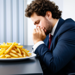 A professional office worker, mid-afternoon, exhibiting signs of an energy dip. The person is seated at a modern office desk with a computer, appearing tired, sluggish, and struggling to focus, perhaps resting their head on a hand. A half-eaten plate of heavy, high-fat, high-carb lunch (like fried chicken and fries or creamy pasta) is subtly visible on the desk. The worker is in modest business attire, fully clothed, appropriate attire, professional dress. The office environment is professional with natural light. safe for work, appropriate content, family-friendly, perfect anatomy, correct proportions, natural pose, well-formed hands, proper finger count, natural body proportions, professional photography, high quality.