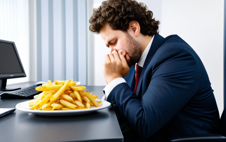 A professional office worker, mid-afternoon, exhibiting signs of an energy dip. The person is seated at a modern office desk with a computer, appearing tired, sluggish, and struggling to focus, perhaps resting their head on a hand. A half-eaten plate of heavy, high-fat, high-carb lunch (like fried chicken and fries or creamy pasta) is subtly visible on the desk. The worker is in modest business attire, fully clothed, appropriate attire, professional dress. The office environment is professional with natural light. safe for work, appropriate content, family-friendly, perfect anatomy, correct proportions, natural pose, well-formed hands, proper finger count, natural body proportions, professional photography, high quality.